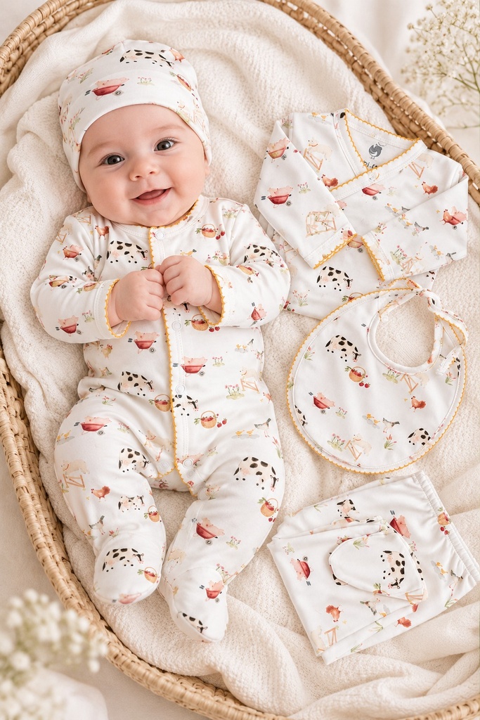 SET X5 PZAS GRANJITA  RN(enterizo, bodie, pantalón, gorro y babero)